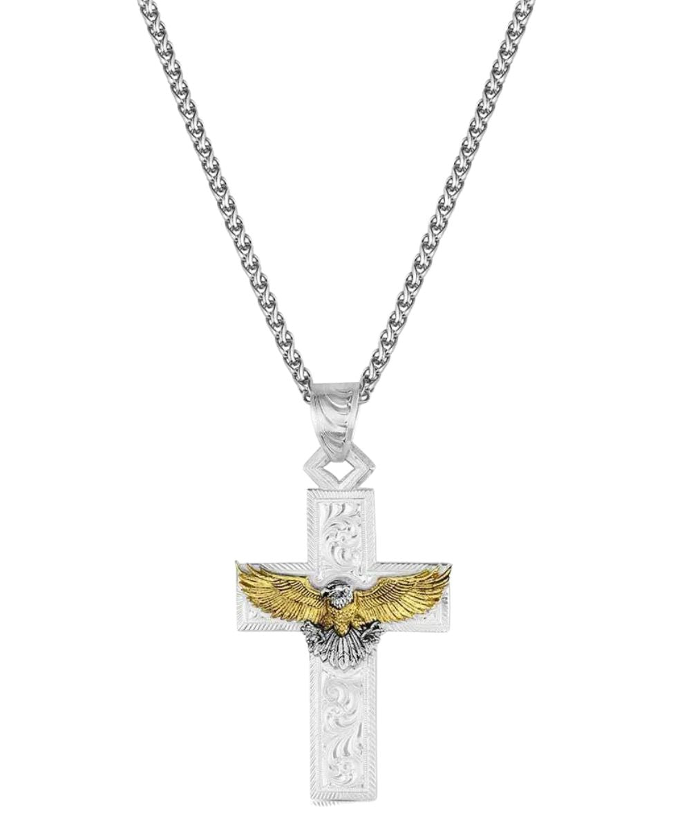 Front view of the men's silver cross necklace featuring a gold bald eagle