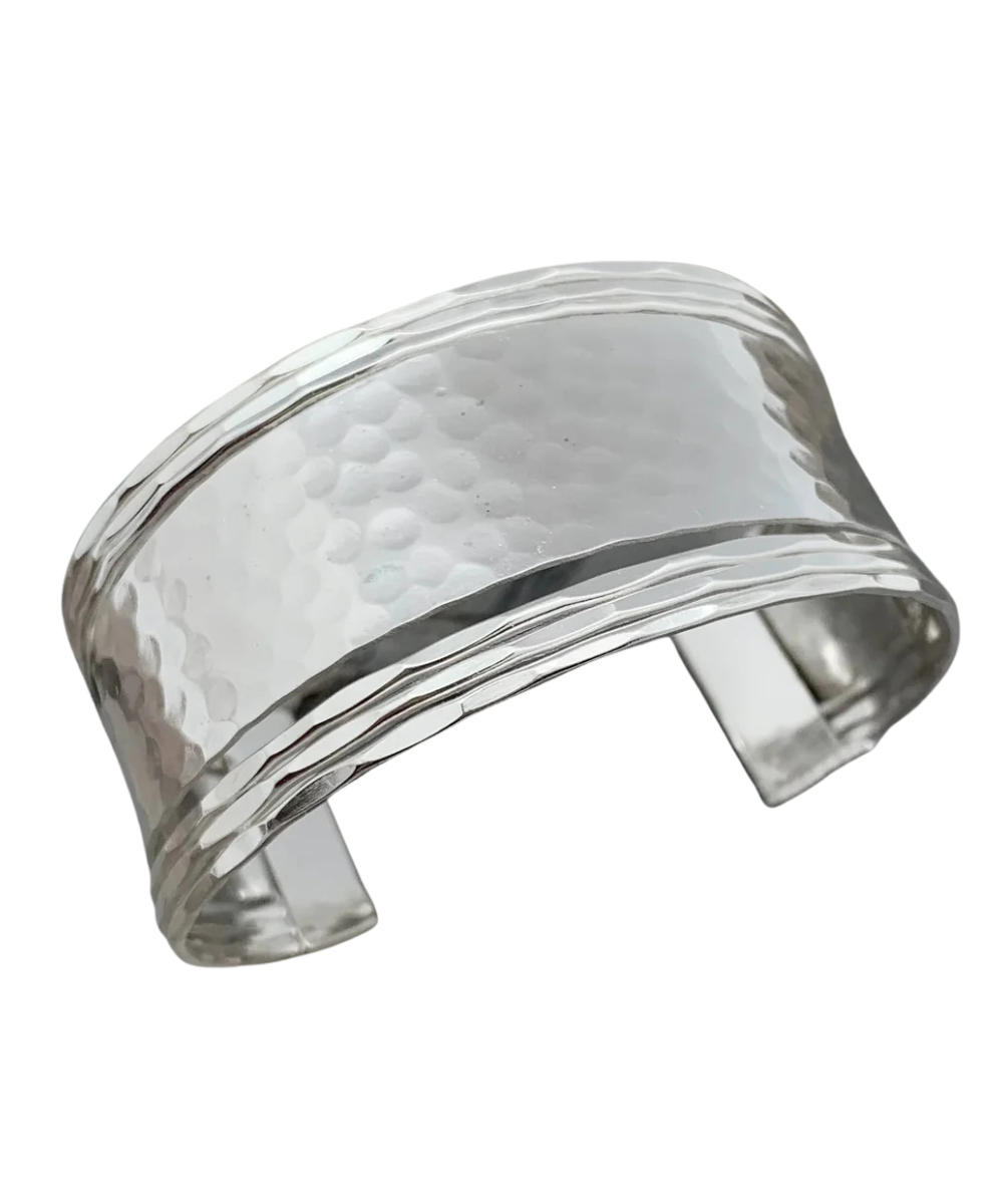 Anju Silver Plated Adjustable Cuff Hammered and Bands Bracelet on white background