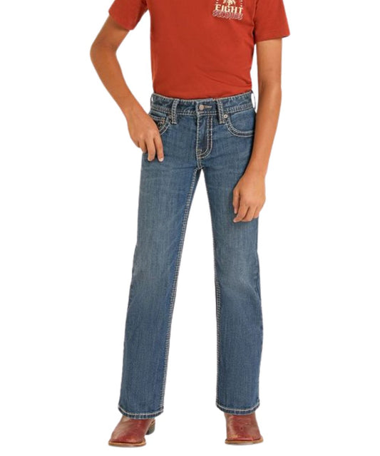 Boy's Mid Rise Regular Fit Boot Cut Jean In A Dark Vintage Wash