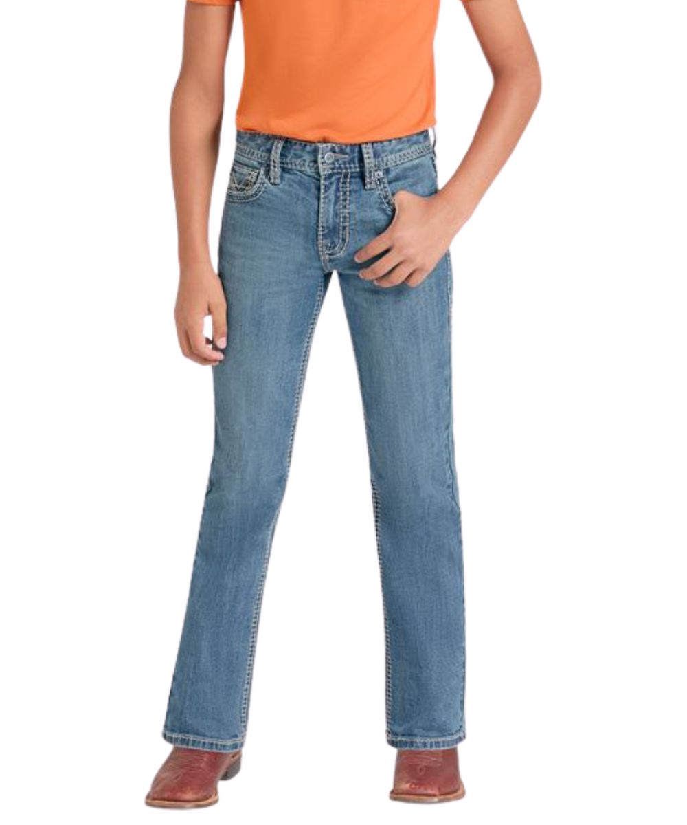 Front view of the boy's medium wash boot cut jean
