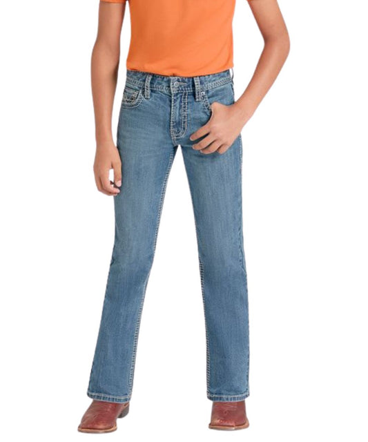Front view of the boy's medium wash boot cut jean