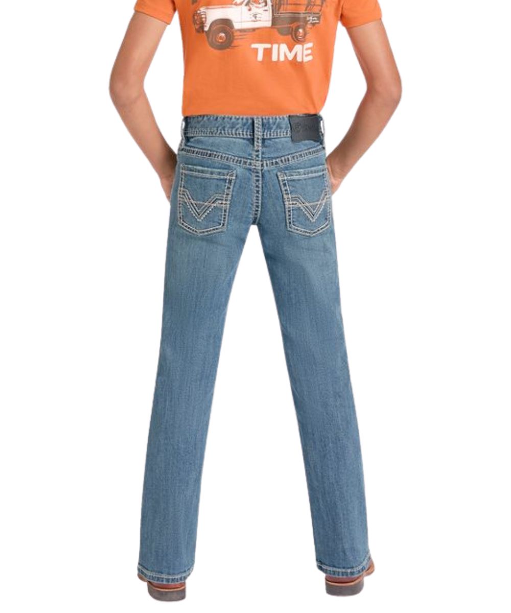 Back view of the boy's medium wash boot cut jean
