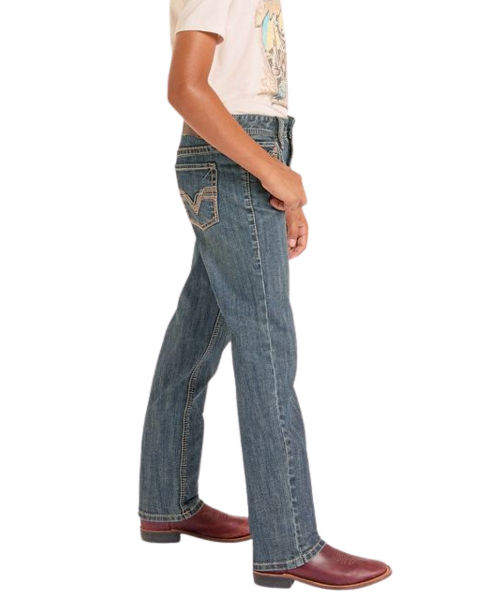 Side View Of The Dark Vintage Wash Straight Leg
