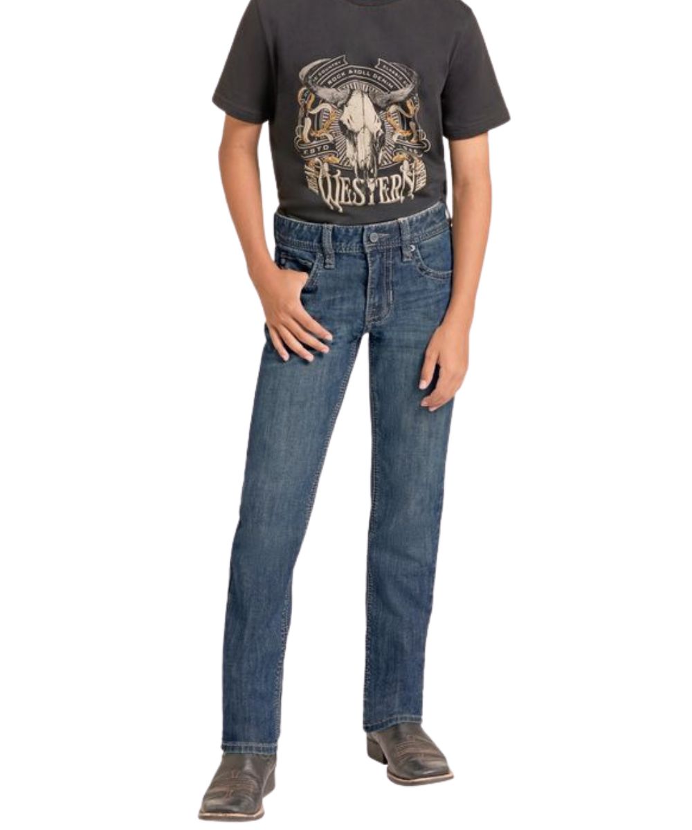 Front view of the boy's Rock & Roll Rope Stitch Embroidery ReFlex Denim Jean in a dark wash