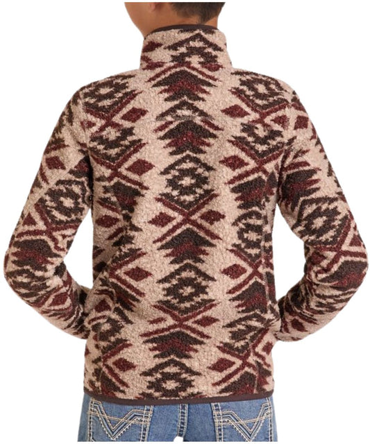 Back view of the boy's long sleeve pullover featuring the natural/brown aztec print