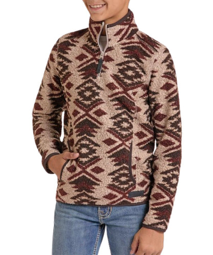 Front view of the boy's Rock & Roll Cowboy Aztec Berber 1/4 Zip Pullover featuring the kangaroo pocket, long sleeves, and mock collar