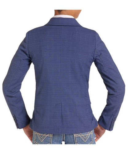 Back view of the boy's blue crosshatch plaid sport coat featuring the double vents and button cuffs