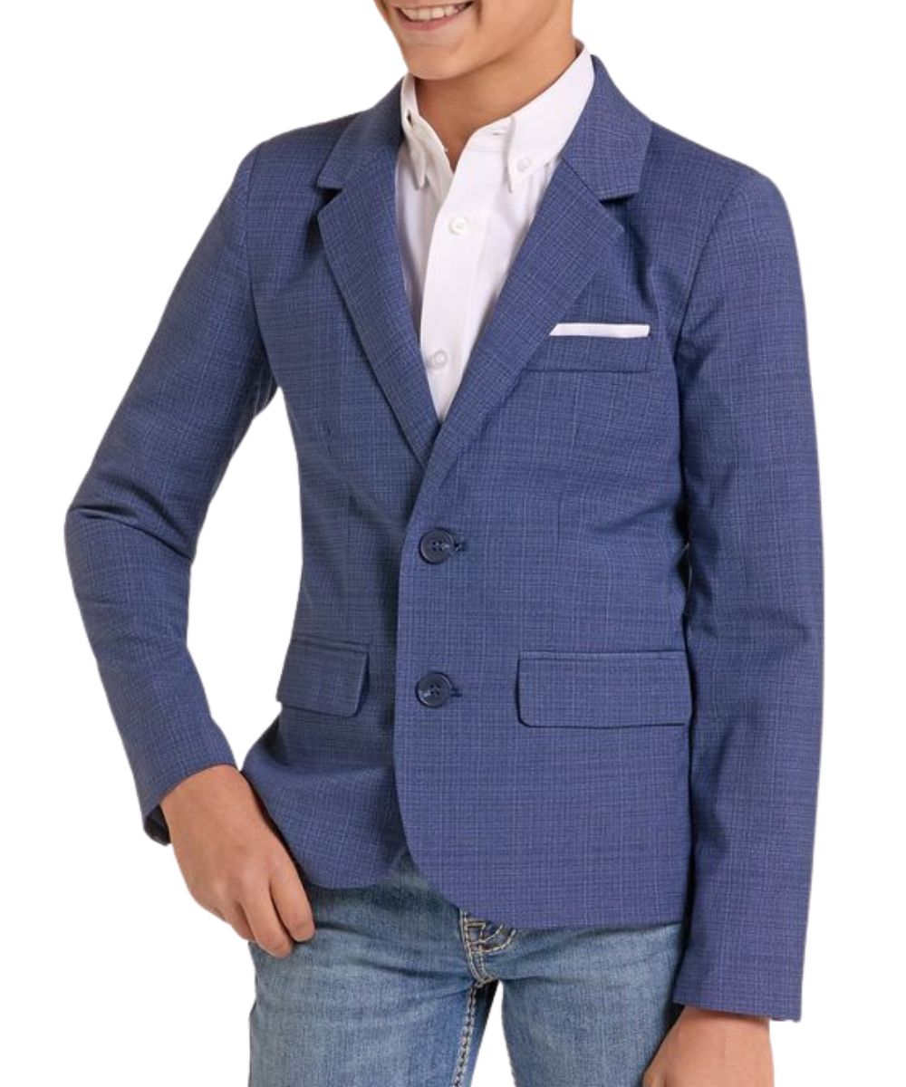 Front view of the boy's blue crosshatch plaid Rock & Roll Cowboy long sleeve sport coat featuring the notched lapel collar, chest pocket with a white pocket square, flap hand pockets, and 2-button front closure