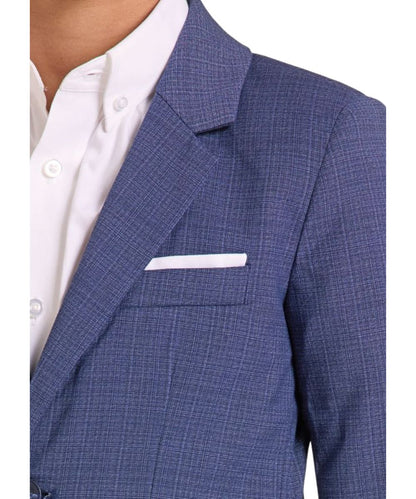 Close-up view of the blue crosshatch plaid print, white pocket square, and notched lapel collar