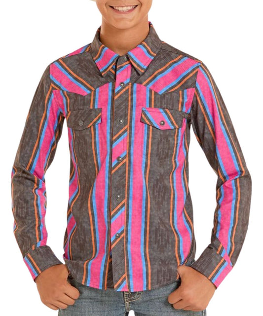 Boy's Long Sleeve Snap Shirt Featuring Single Point Snap Flap Chest Pockets And A Black Aztec Vertical Stripe Print