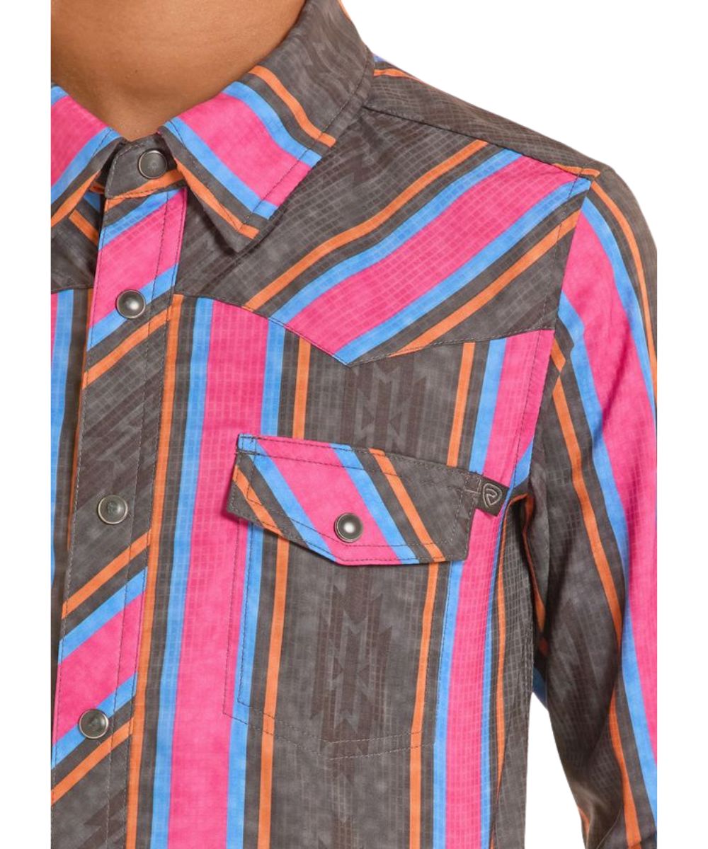 Close-Up View Of The Boy's Snap Shirt In The RipStop Fabric