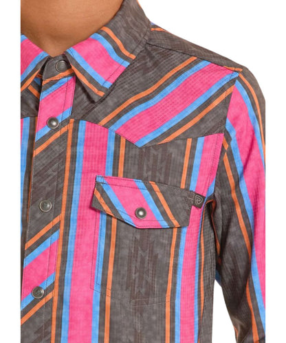 Close-Up View Of The Boy's Snap Shirt In The RipStop Fabric