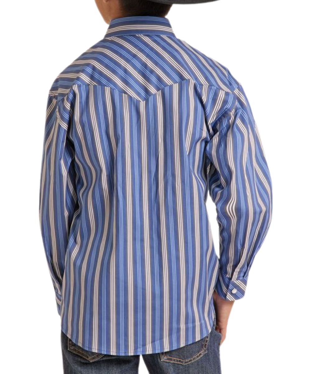 Back view of the boy's long sleeve snap shirt featuring the blue striped print and single point western yoke