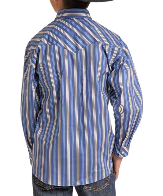 Back view of the boy's long sleeve snap shirt featuring the blue striped print and single point western yoke