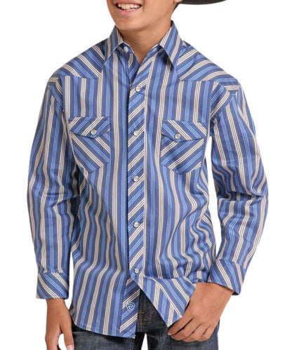 Front view of the boy's Rock & Roll Cowboy blue striped long sleeve snap shirt featuring the chest pockets and western yokes