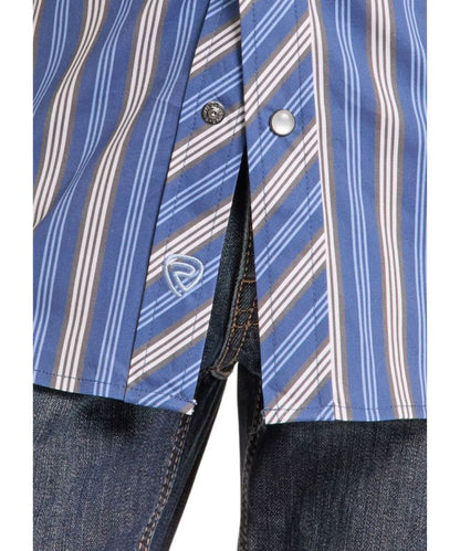 Close-up view of the blue striped print and logo embroidery hidden in the placket