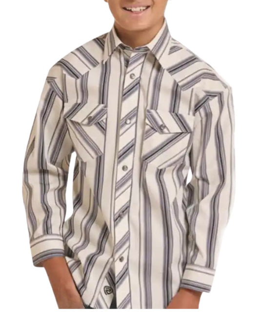 Front view of the boy's Rock & Roll Cowboy Striped Snap Shirt featuring the natural/off white color with a blue striped print, snap closure, snap flap chest pockets, and western yokes