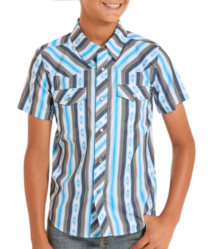 Front view of the boy's short sleeve snap shirt featuring a hidden snap down collar, chest pockets, and western yokes
