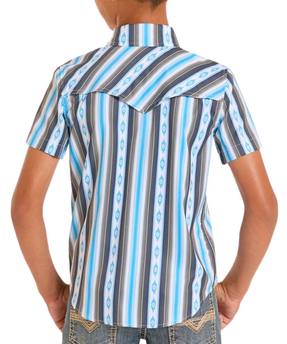 Back view of the boy's tekwestern snap shirt featuring a vented back yoke and a mini aztec white and blue retro striped print