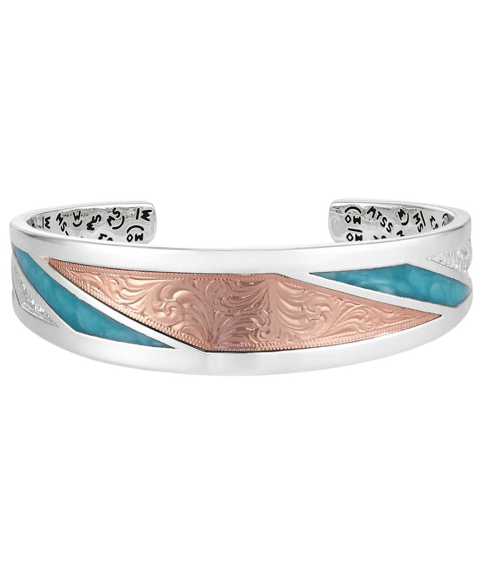 Women's Silver Cuff Bracelet With Rose Gold And Crafted Turquoise Accents