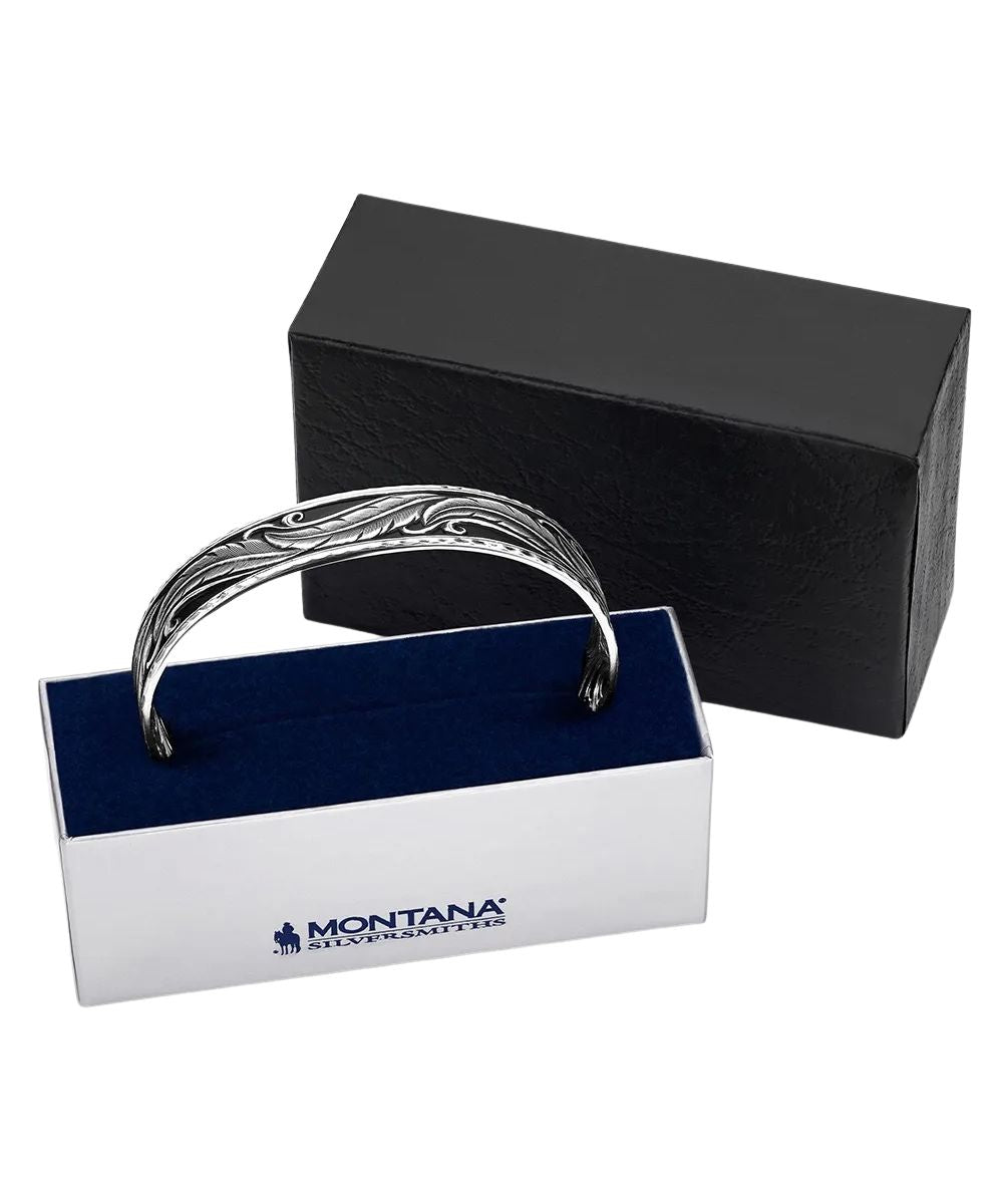 Boxed view of the women's along the way cuff bracelet by montana silversmiths
