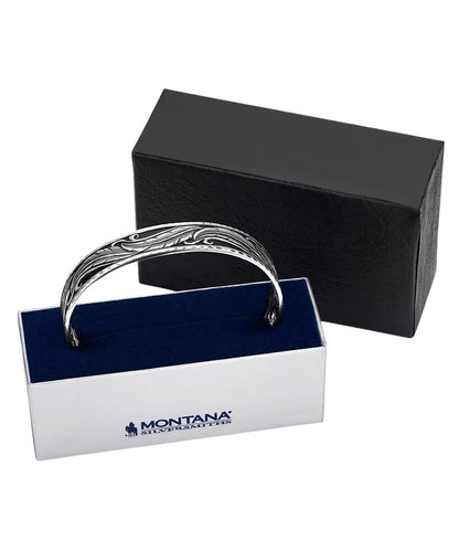 Boxed view of the women's along the way cuff bracelet by montana silversmiths