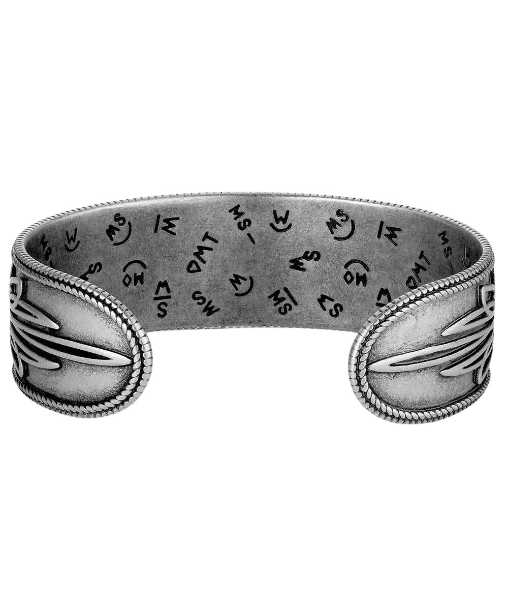 Back view of the women's silver cuff bracelet featuring the boot stitch designed sides