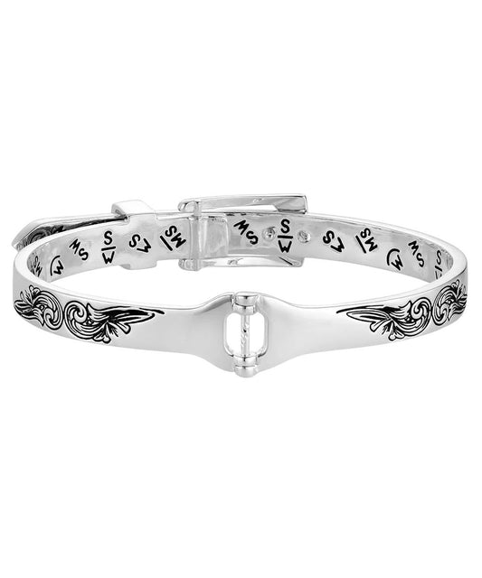Back view of the women's silver buckle bracelet featuring the belt buckle closure