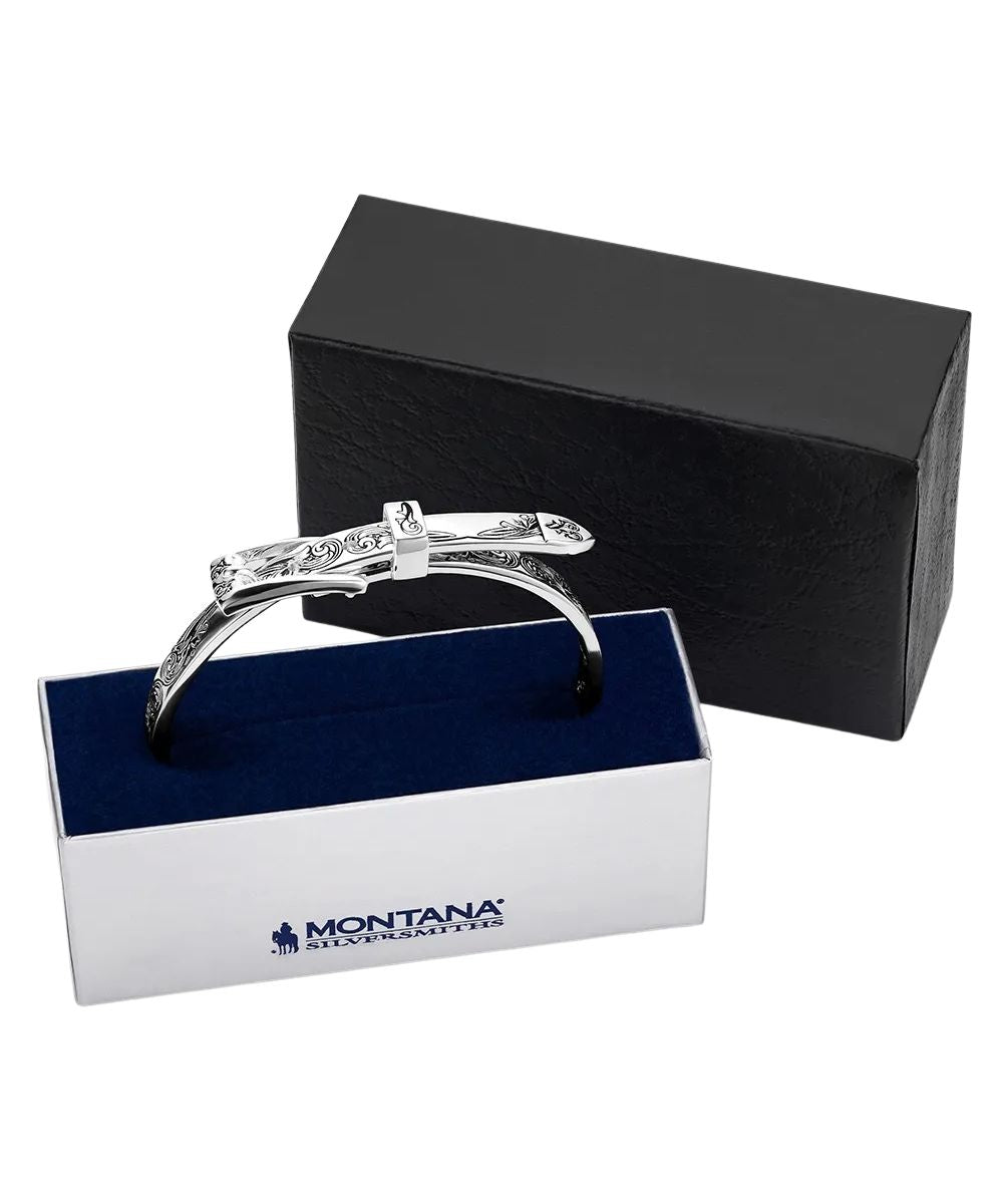 Boxed view of the women's true west buckle bracelet by montana silversmiths