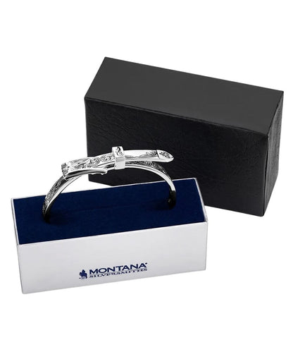 Boxed view of the women's true west buckle bracelet by montana silversmiths