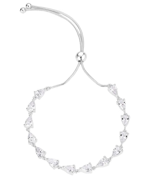 Front view of the women's silver bolo bracelet featuring the cubic zirconia crystals