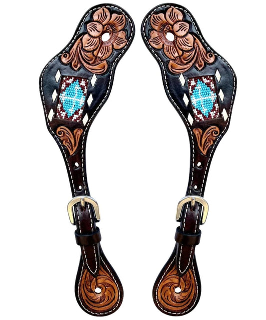 Side view of the women's black Bar H Equine leather spur straps featuring the brown floral tooling, white buck stitching, adjustable buckle, and the symmetrical beaded inlay