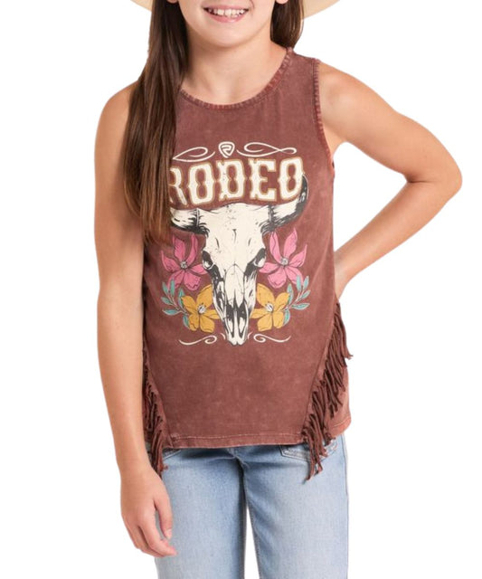 Girl's Mahogany Rodeo Tank Top With Fringe And A Floral Steer Skull Graphic