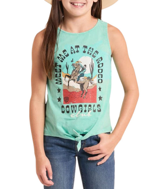 Girl's Turquoise Graphic Tank Top Featuring A Front Screen Print That Reads: "Meet Me At The Rodeo - Cowgirls Club" With Desert Cowboy Graphic And Self-Tie Front Hem