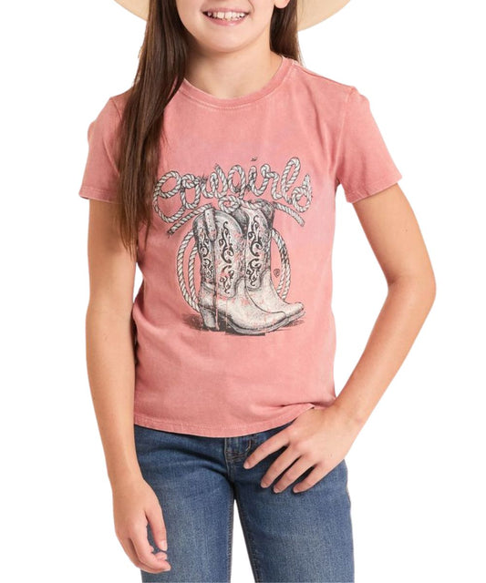 Girl's Rose/Mauve Tee Reads: "Cowgirls" With Boots And Rope Graphic Screen Print