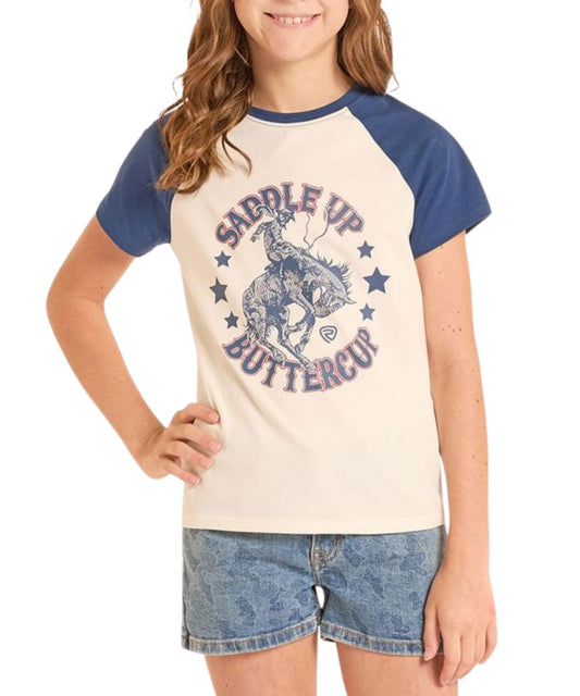 Girl's Cream/Navy Graphic Tee Featuring A Front Screen Print That Reads: "Saddle Up Buttercup" With A Bucking Bronco And Star Graphic