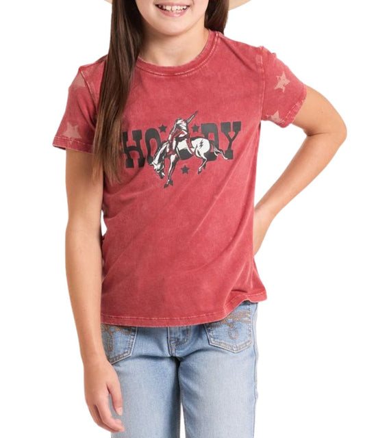 Girl's Distressed Graphic Tee Featuring "Howdy" Printed Across The Chest With Star Printed Sleeves