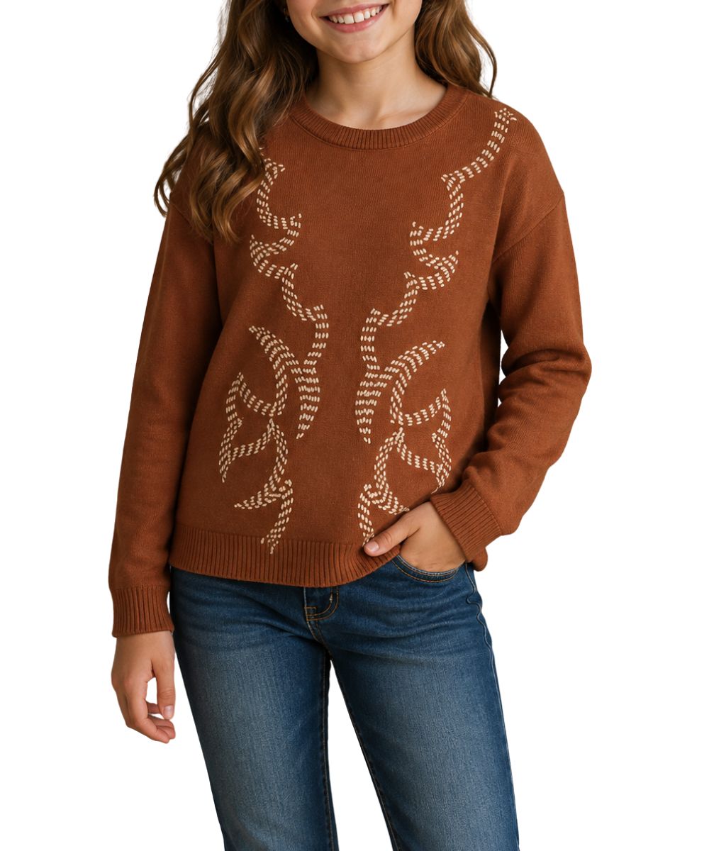 Front view of the girl's Rock & Roll Cowgirl Boot Stitch Embroidered Sweater in rust, featuring the dropped shoulders and long sleeves