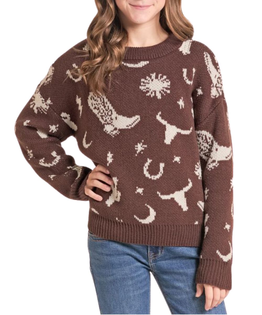 Front view of the girl's Rock & Roll Cowgirl Chocolate Western Print Sweater featuring the long sleeves and dropped shoulders