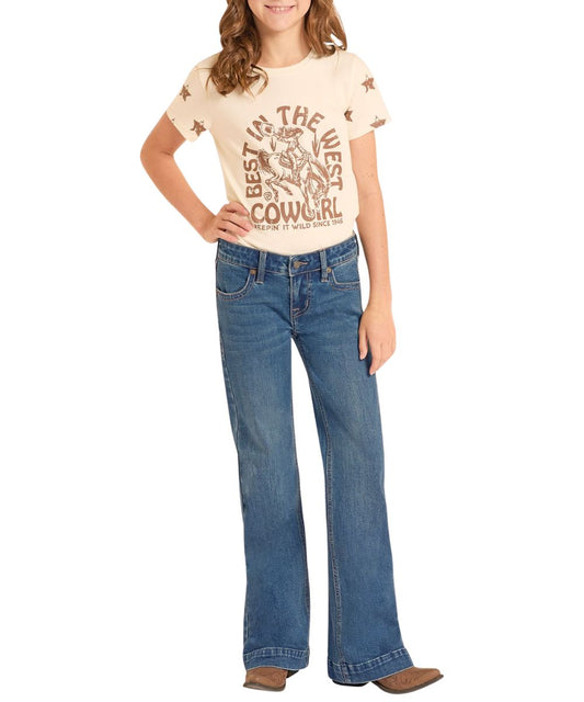 Girl's Rock & Roll Denim trouser jean in medium wash featuring a four-pocket style.