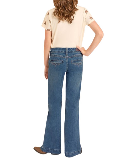 Back view of girl's trouser jean in a medium wash, featuring the back welt pockets.