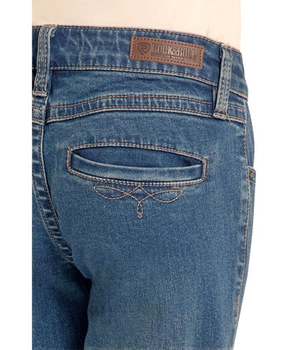 Close-up view of the back welt pockets featuring a western stitch design and an internal adjustable waistband.
