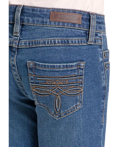 Close-up view of the raised denim boot stitched embroidered back pocket design