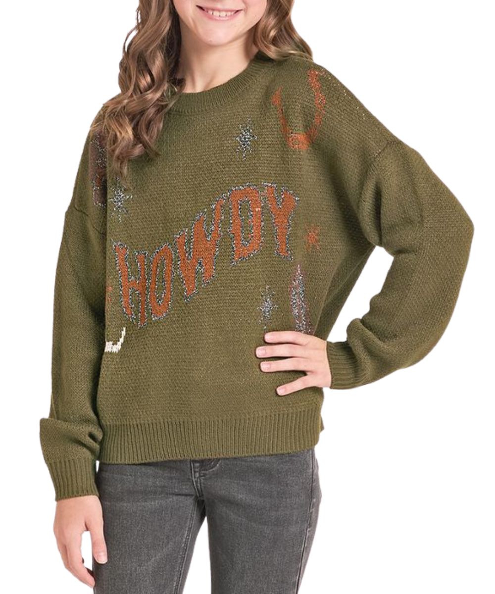 Front view of the girl's olive green Rock & Roll Cowgirl long sleeve sweater featuring the western motif embroidery and "Howdy" embroidered text on the front
