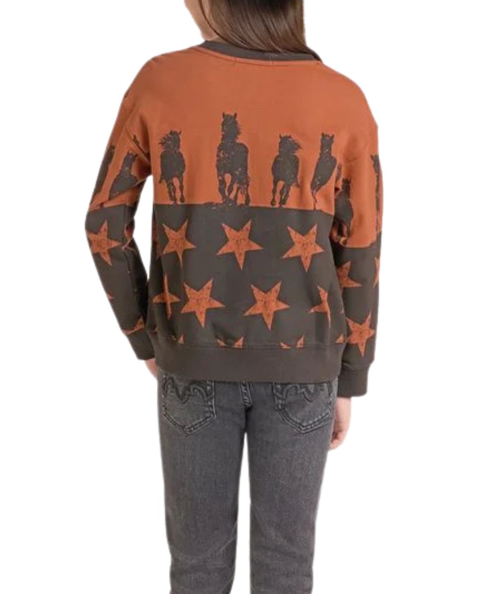 Back view of the girl's rust and black long sleeve crew neck sweatshirt featuring the dropped shoulders, rib knit trim, and a contrast crew neckline