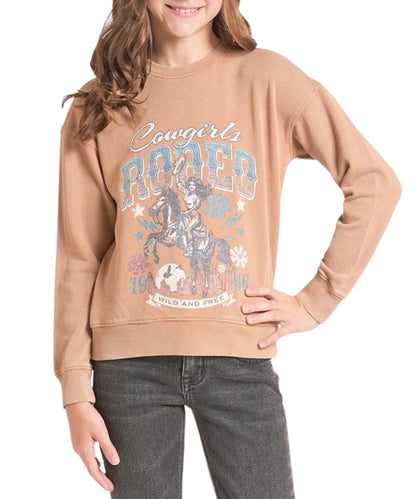 Front view of the girl's khaki long sleeve pullover featuring a cowgirl screen printed graphic