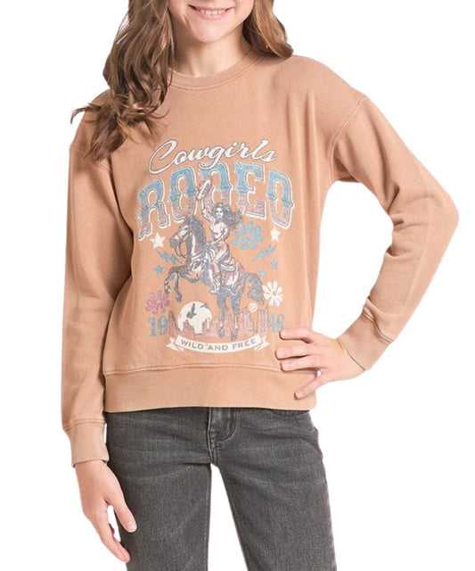 Front view of the girl's khaki long sleeve pullover featuring a cowgirl screen printed graphic