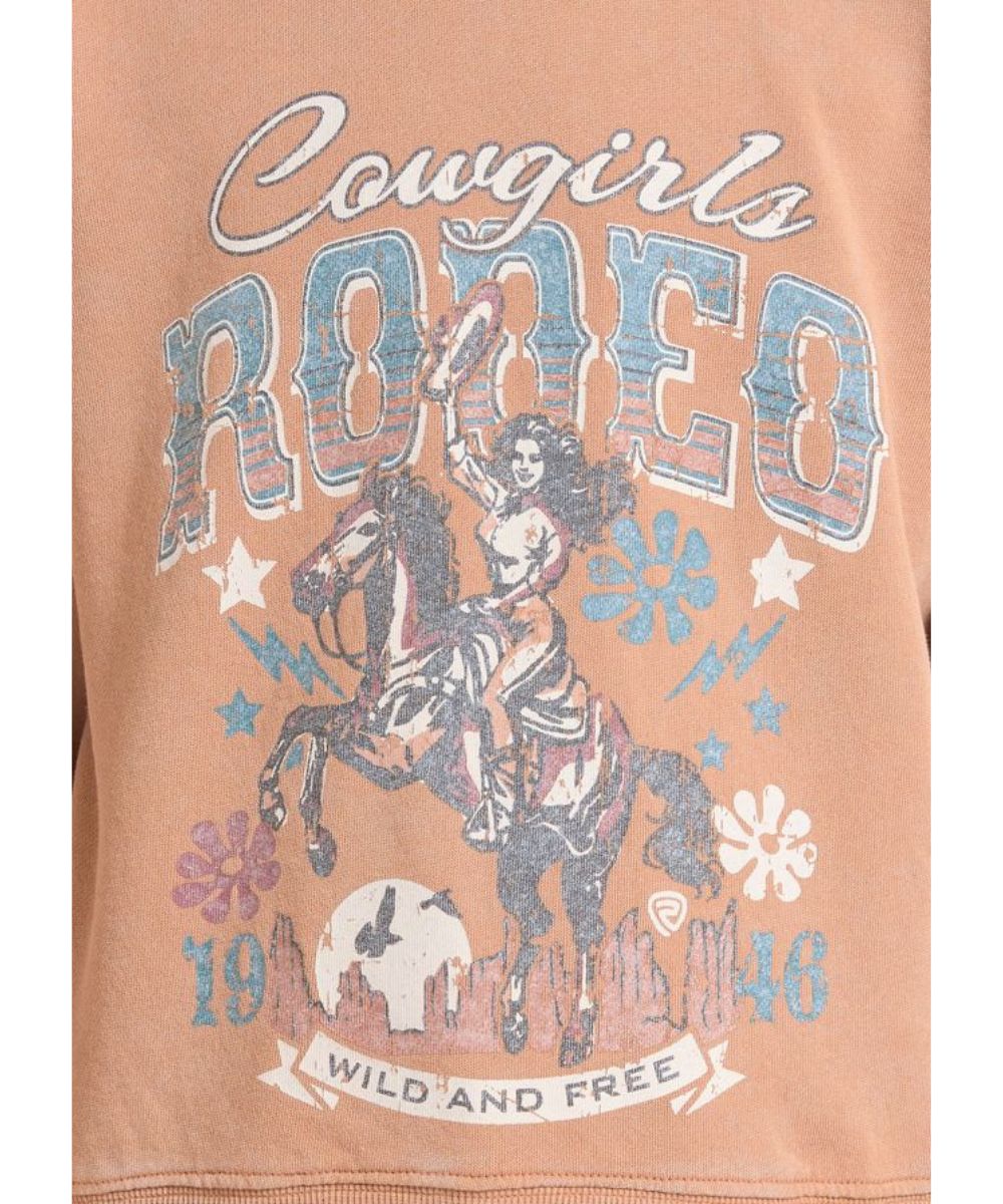 Close-up view of the cowgirl graphic featuring the screen printed text that reads: "Cowgirls rodeo - 1946 - wild and free"