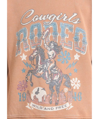 Close-up view of the cowgirl graphic featuring the screen printed text that reads: "Cowgirls rodeo - 1946 - wild and free"
