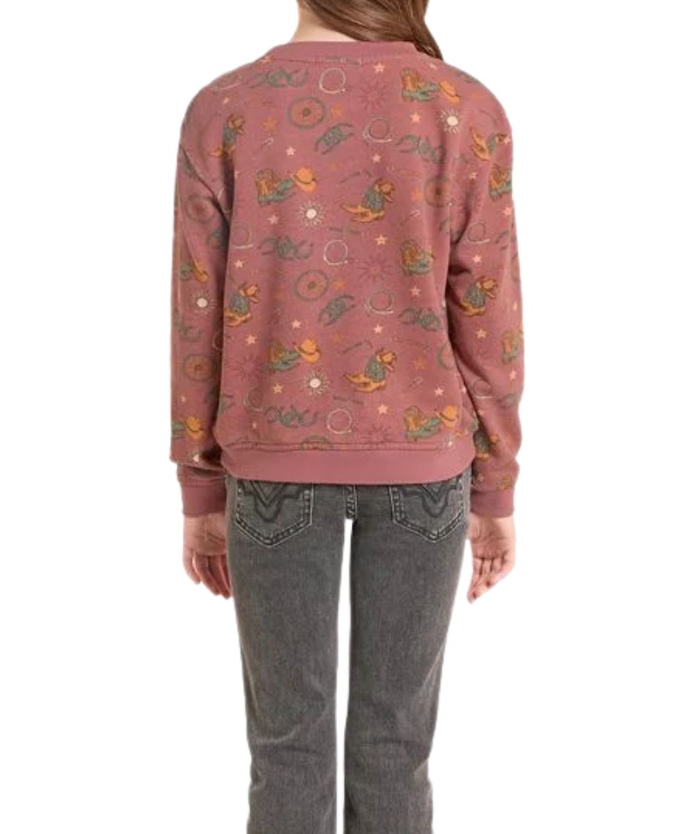 Back view of the girl's rose/mauve long sleeve sweatshirt featuring the crew neck and western print